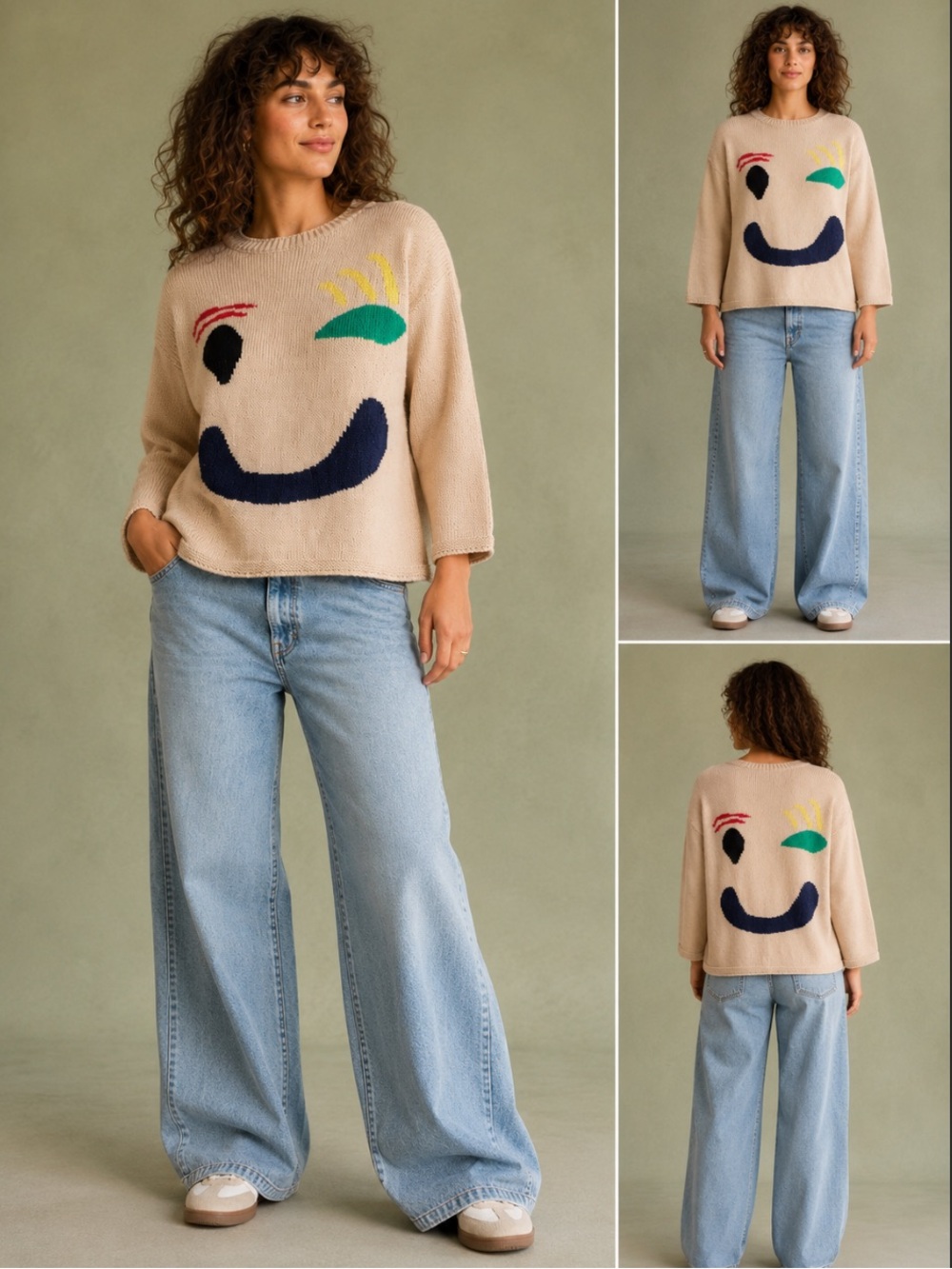 Happy Sunday Feel Good Knit Sweater Jumper Boyfriend Oversized Crew Neck Beige